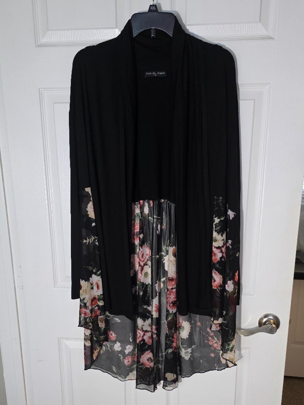 Kim & Cami Black Open Front Cardigan with Sheer Embroidered Mesh flowers floral,